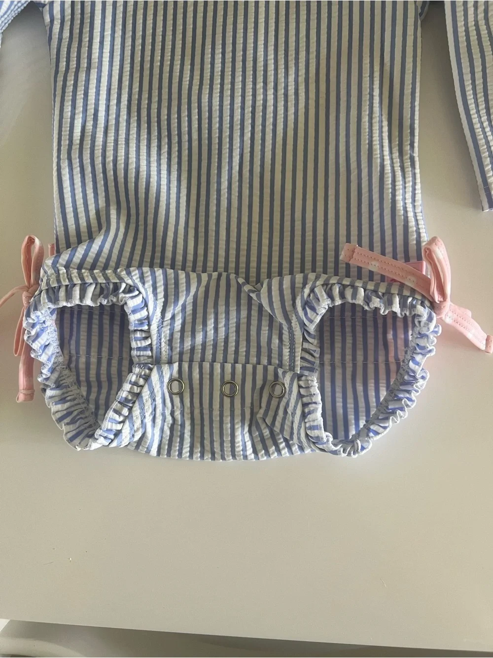 Ruffle Butts Blue and White Stripe Long-Sleeve One-Piece with Pink Trim 6-12m